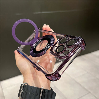 For iPhone 16 Pro Max Luxury Transparent Holder Stand Plating Frame Phone Case For iPhone 13 14 15 Plus 17 Air Protective Cover
