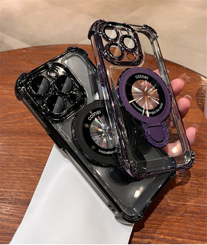For iPhone 16 Pro Max Luxury Transparent Holder Stand Plating Frame Phone Case For iPhone 13 14 15 Plus 17 Air Protective Cover
