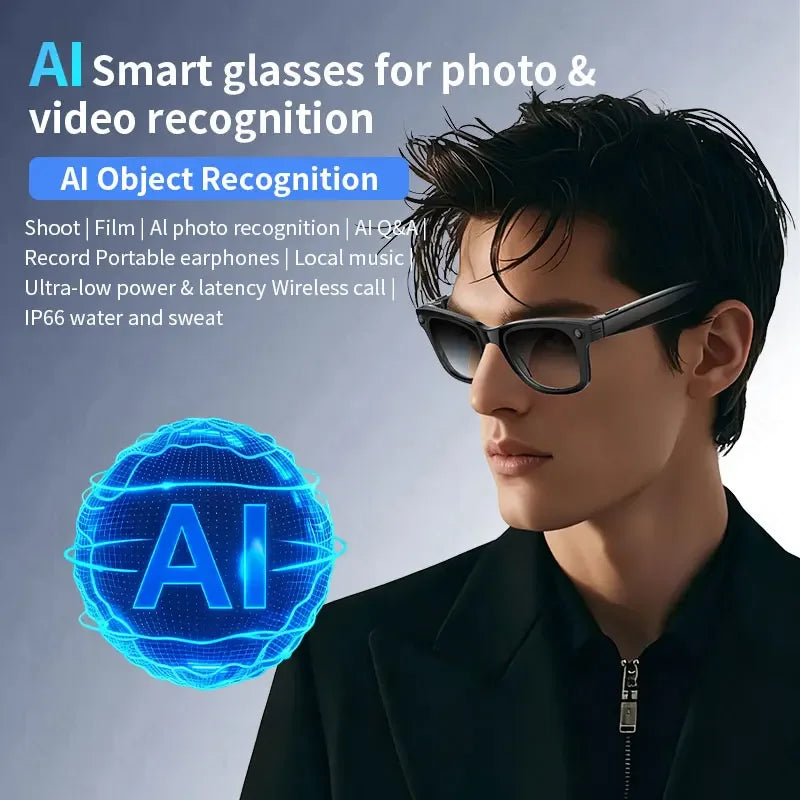 New AI 5MP Camera Smart Glasses 290mAh Waterproof Voice Call Music Bluetooth Smart Sunglasses Video Record Translation Glasees
