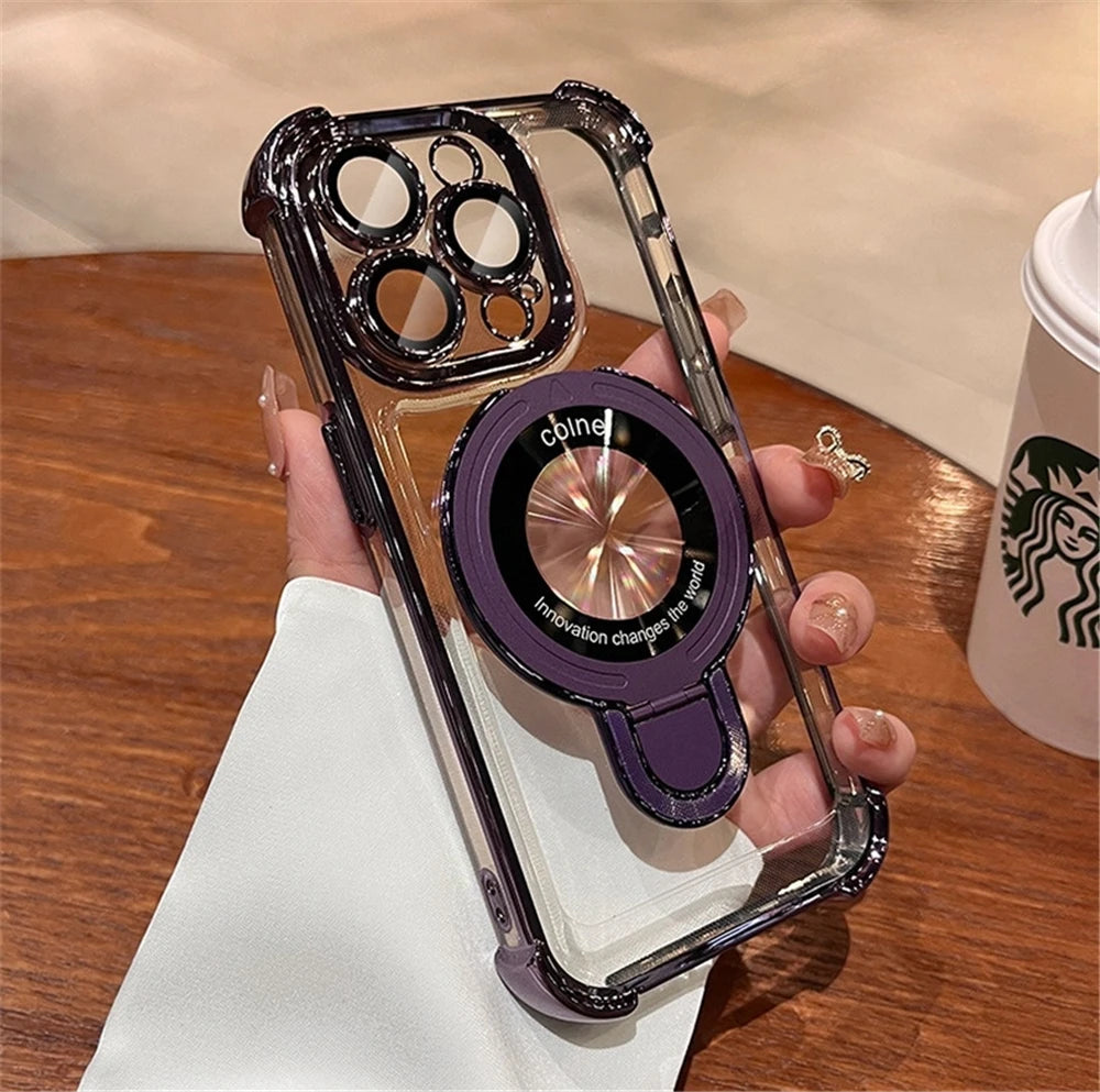 For iPhone 16 Pro Max Luxury Transparent Holder Stand Plating Frame Phone Case For iPhone 13 14 15 Plus 17 Air Protective Cover