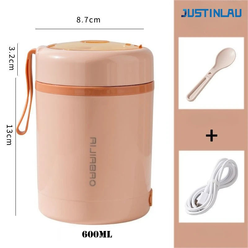 JUSTINLAU 600ML USB Electric Heating Lunch Box 304 Stainless Steel+PP Portable Food Warmer with Spoon for Working&camping Use