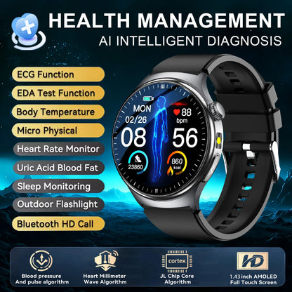 2026 New upgrade Health Check Smart Watch ECG Blood Lipid Uric Acid Body Fat BP Sport Waterproof HD Call Smart Watch Man Women