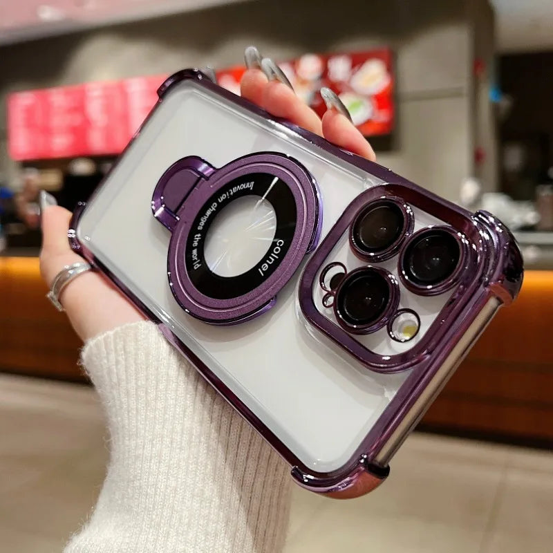 Fashion Plating Magnetic Bracket Case for iPhone 17 16 15 14 13 12 Pro Max Case With Holder Stand Shockproof Cover for Magsafe