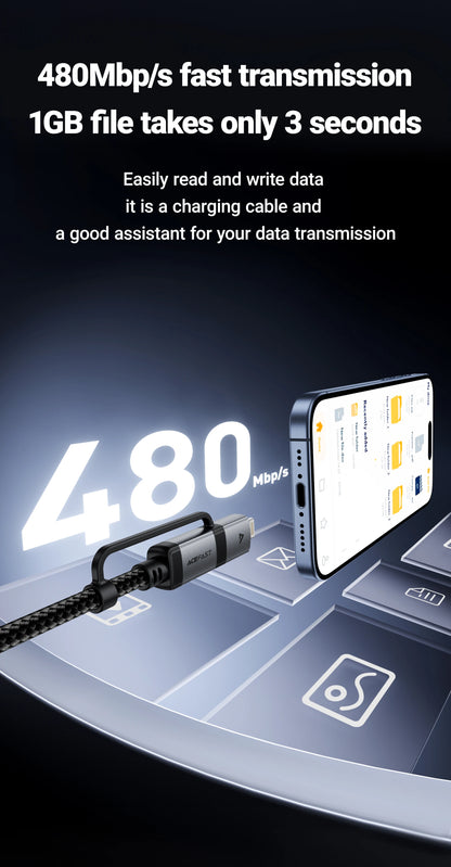 ACEFAST 2 in 1 MFi Certified USB-C to USB-C / Lightning Fast Charging PD60W Phone Cable For iPhone 16/15 Pro Max Wired Cord 1.2M
