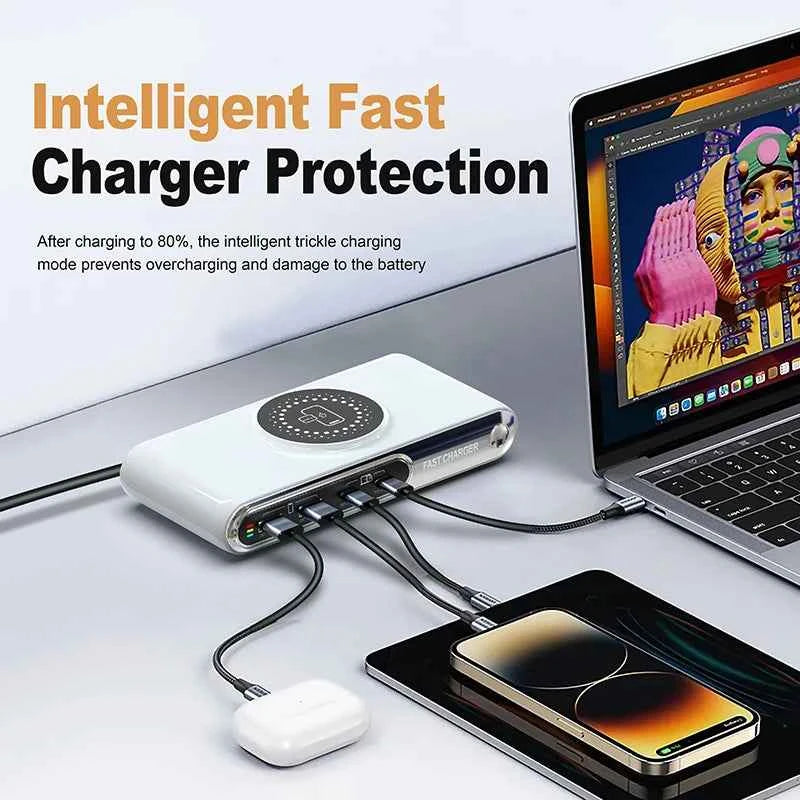 72W 4 Port USB C PD QC Fast Charger Wireless Charging For Phone