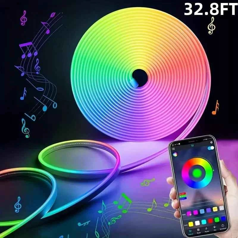 16.4/32.8Ft Neon Rope Lights,Flexible Led Rope Lights Control With App/Remote,Multiple Modes Rope Lights,Music Sync Light Strip For Bedroom